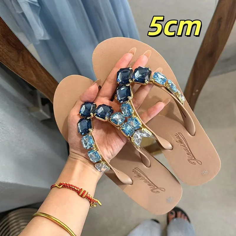 Square Sugar Blue Diamond Slope Heel Slippers Square Diamond Tall Thick Bottom Flip Floors