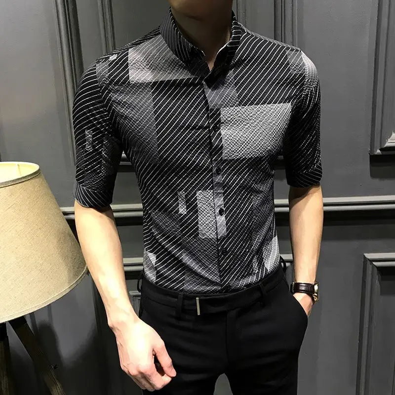 Spring Summer New Men Three Quarter Bubble Shirt Print Lapel Button Slim Korean Simple Trendy Design Breathable Luxury Thin Top