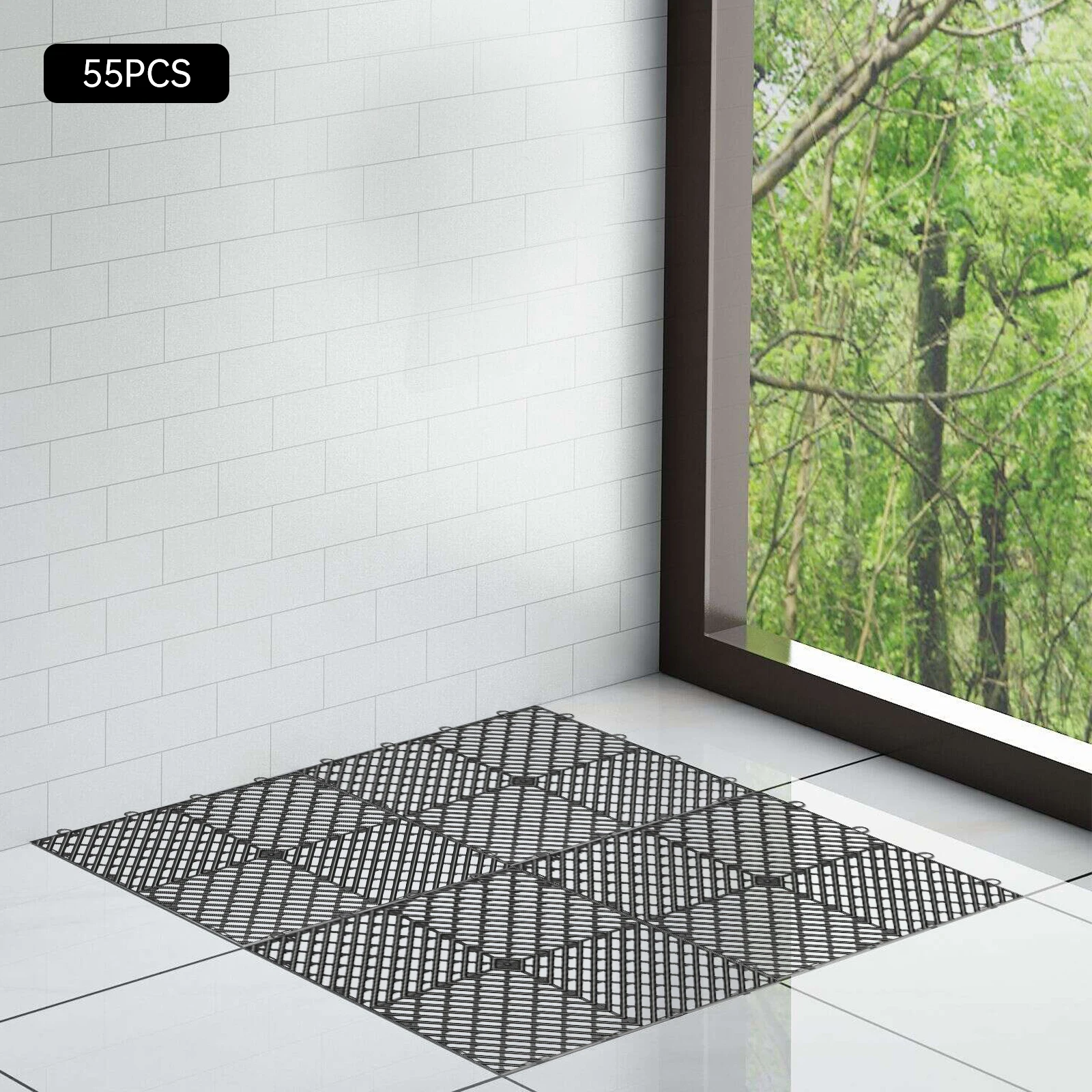 กระเบื้องตาข่ายสีดำแบบประกบ 55 ชิ้น ขนาด 12x12x0.5 นิ้ว สำหรับพื้นที่ล็อกเกอร์ ห้องซาวน่า ระเบียง และโรงรถ