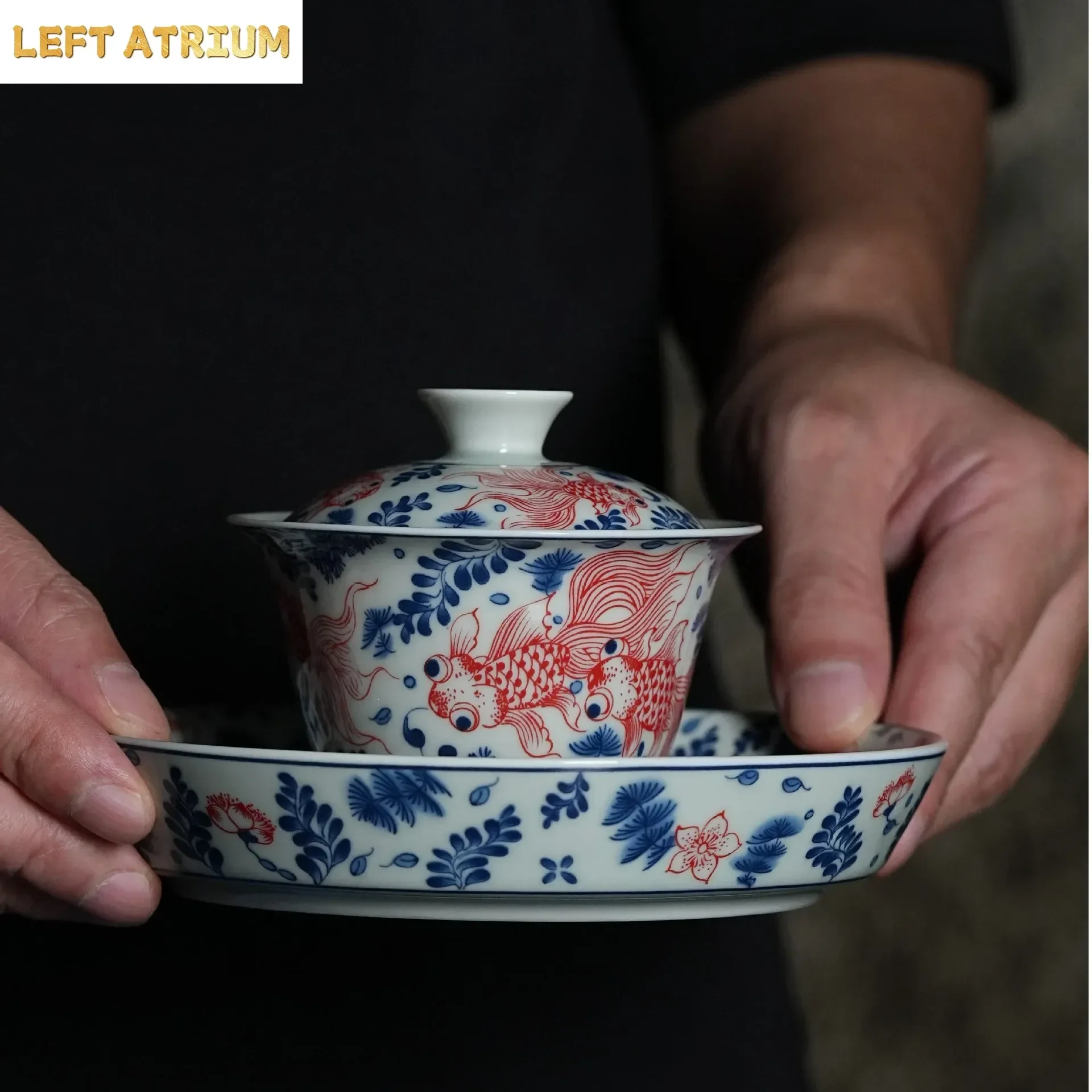 Blue and White Cover Bowl Retro Fish and Algae Pattern Hover Tea Maker Chinese Household Ceramic  Anti-scalding Kung Fu Tea Bowl