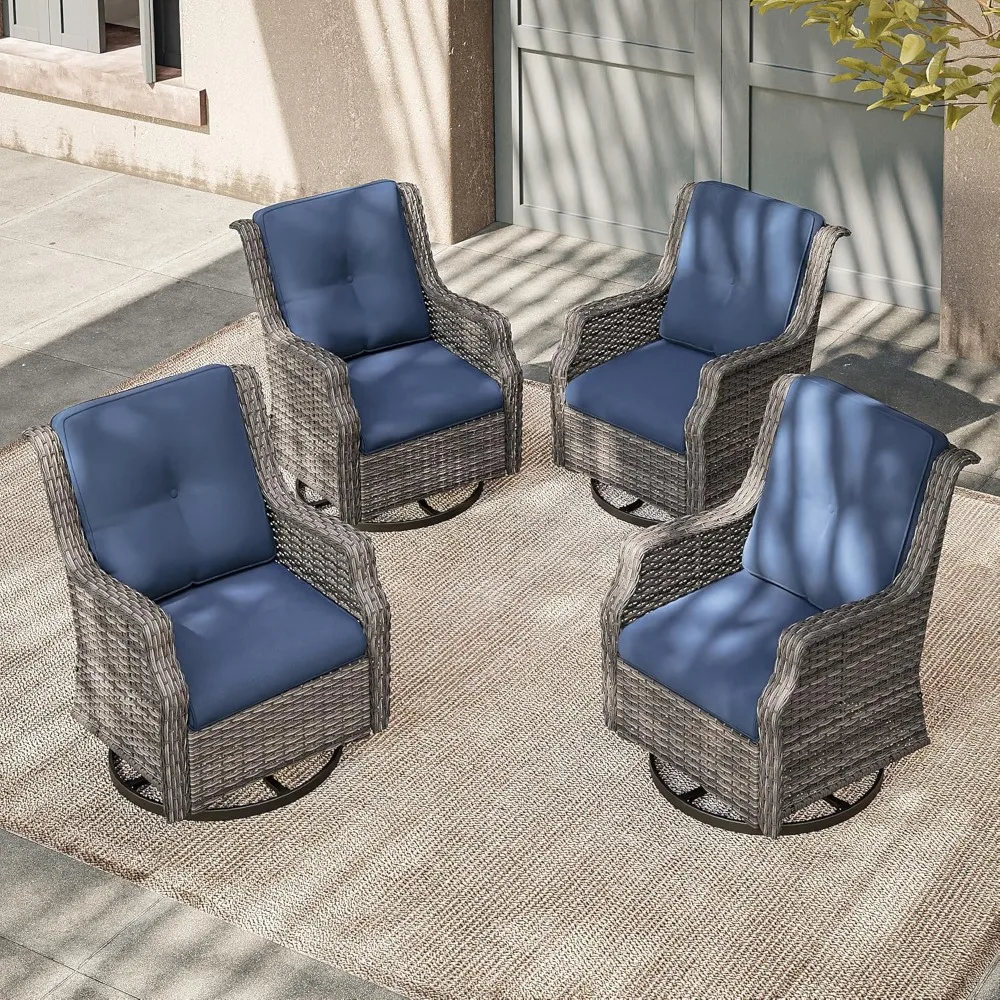 

Swivel Patio Chair Outdoors - 360 Degree, Set of 4, Glider Chair with 3.5" Olefin Fabric Cushions (Mixed Grey Rattan/Navy)