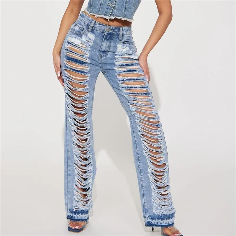 Sky Blue Fashion Broken Holes Jeans Women Ripped Vintage High Waist Denim Trousers Female New High Waist Ripped Pants Streetwear