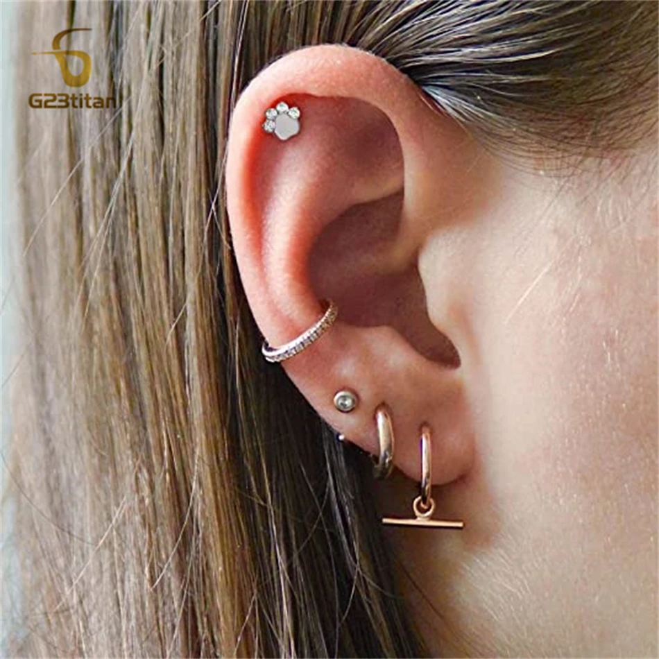 16G Titanium Cartilage Earrings Stud Flat Back Cat Paw Ear Piercing Jewelry Internally Threaded Medusa Lip Ring Body Accessories image 5