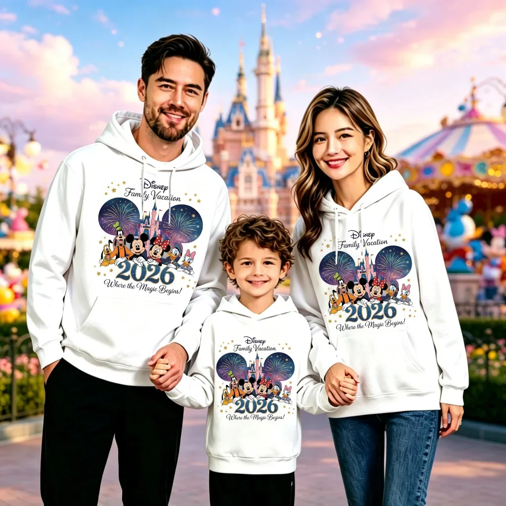 Sudadera con capucha para vacaciones familiares 2026, estampado de fuegos artificiales en un castillo, para mujer, hombre y niños, sudadera de manga larga para viajes.