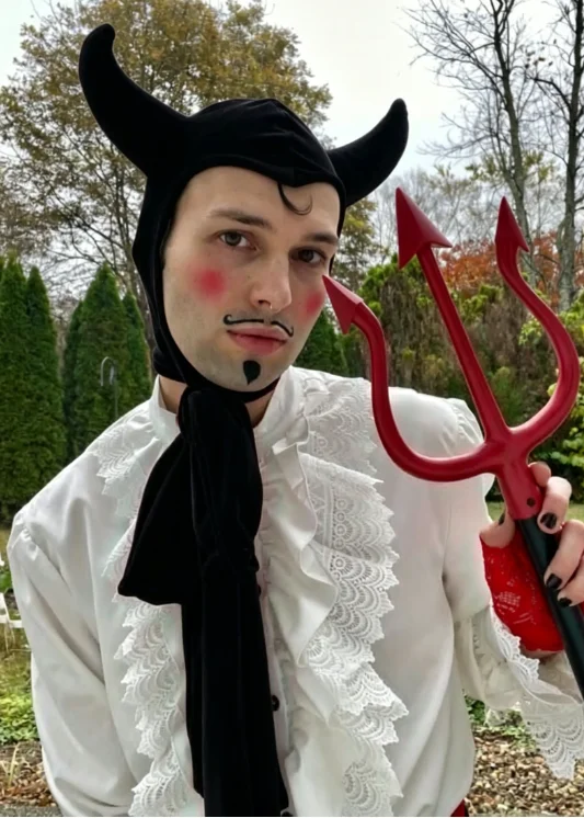 Vintage Little Devil Red/Black Velvet Hood Hat Women Men Evil Witch Headdress Horned Devil Bonnet Headpiece Halloween Props view 2