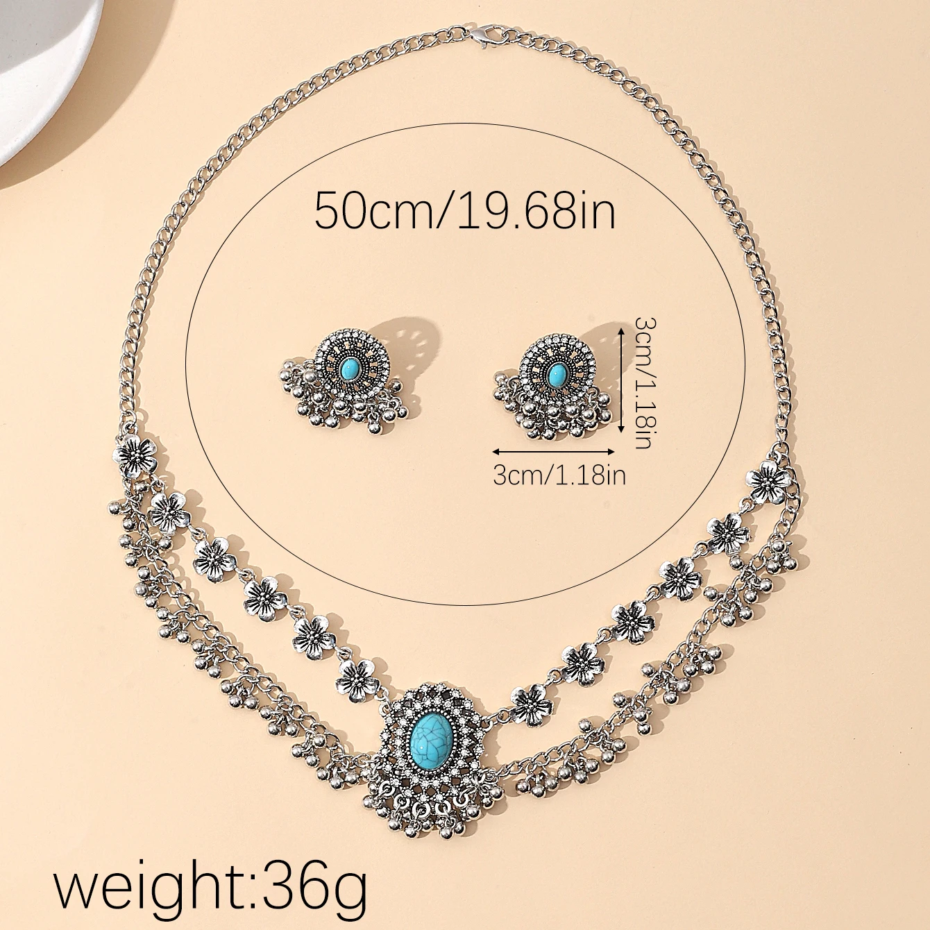 Boho Vintage Oval Turquoises Necklace Earring Jewelry Set for Women Silver Plated Geometric Tassel Blue Stone Women Sets