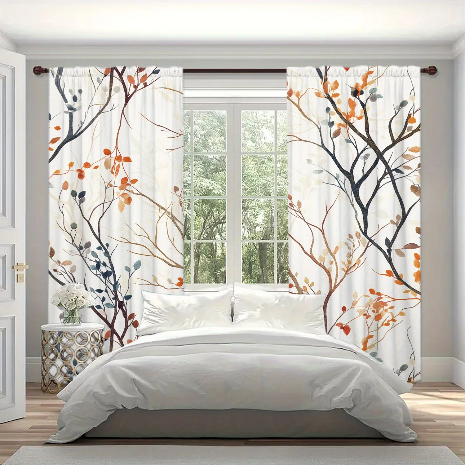 Warm Autumn Leaf Blackout Rod Pocket Curtain Delicate Thin Twig Multi Color Fall Foliage Decor Cottage Homestay Rest Bay Window