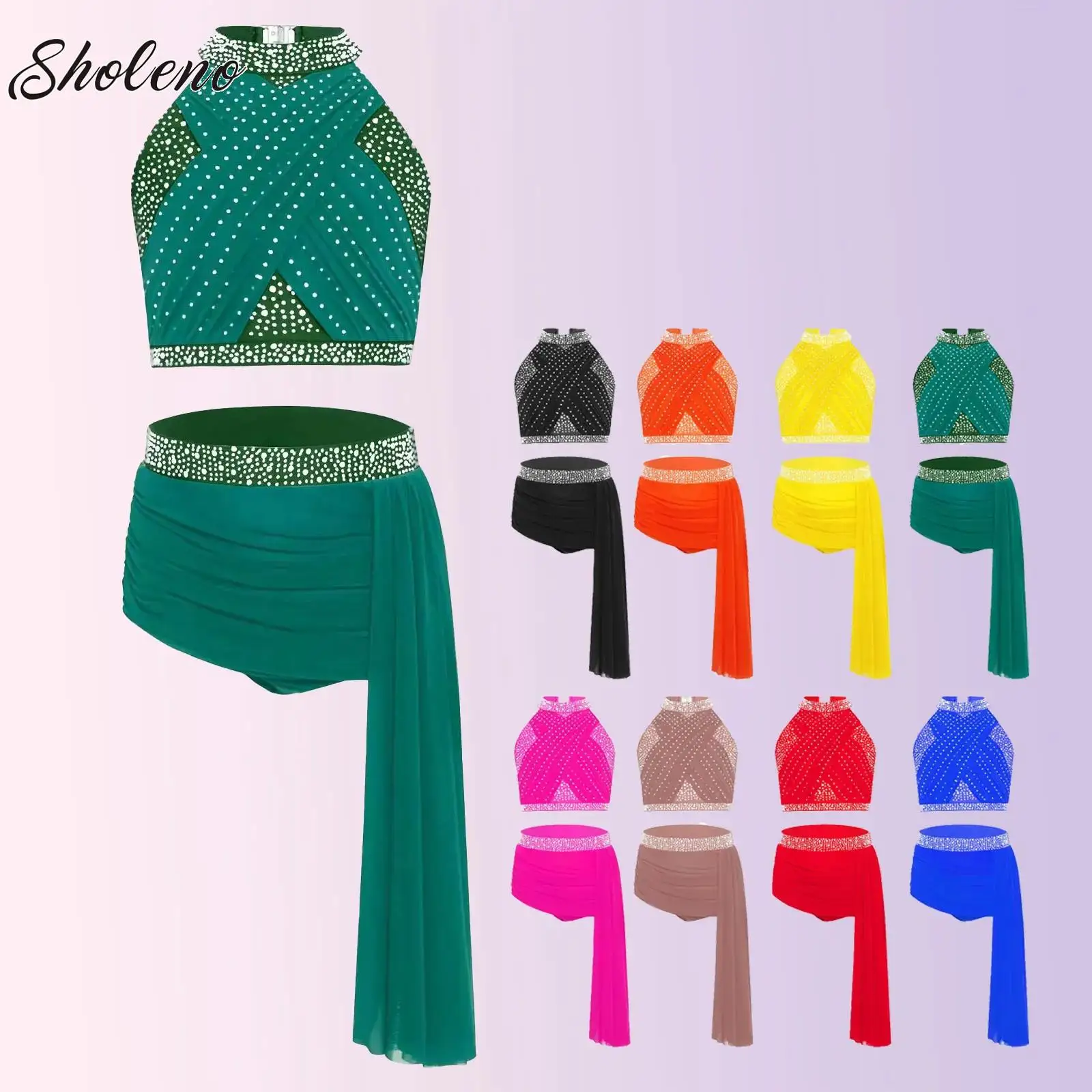 

Girl Ballet Dance Suit Clothes Set Figure Skating Modern Lyrical Costume Rhinestones Crop Top with Ruched Briefs Skirt Dancewear