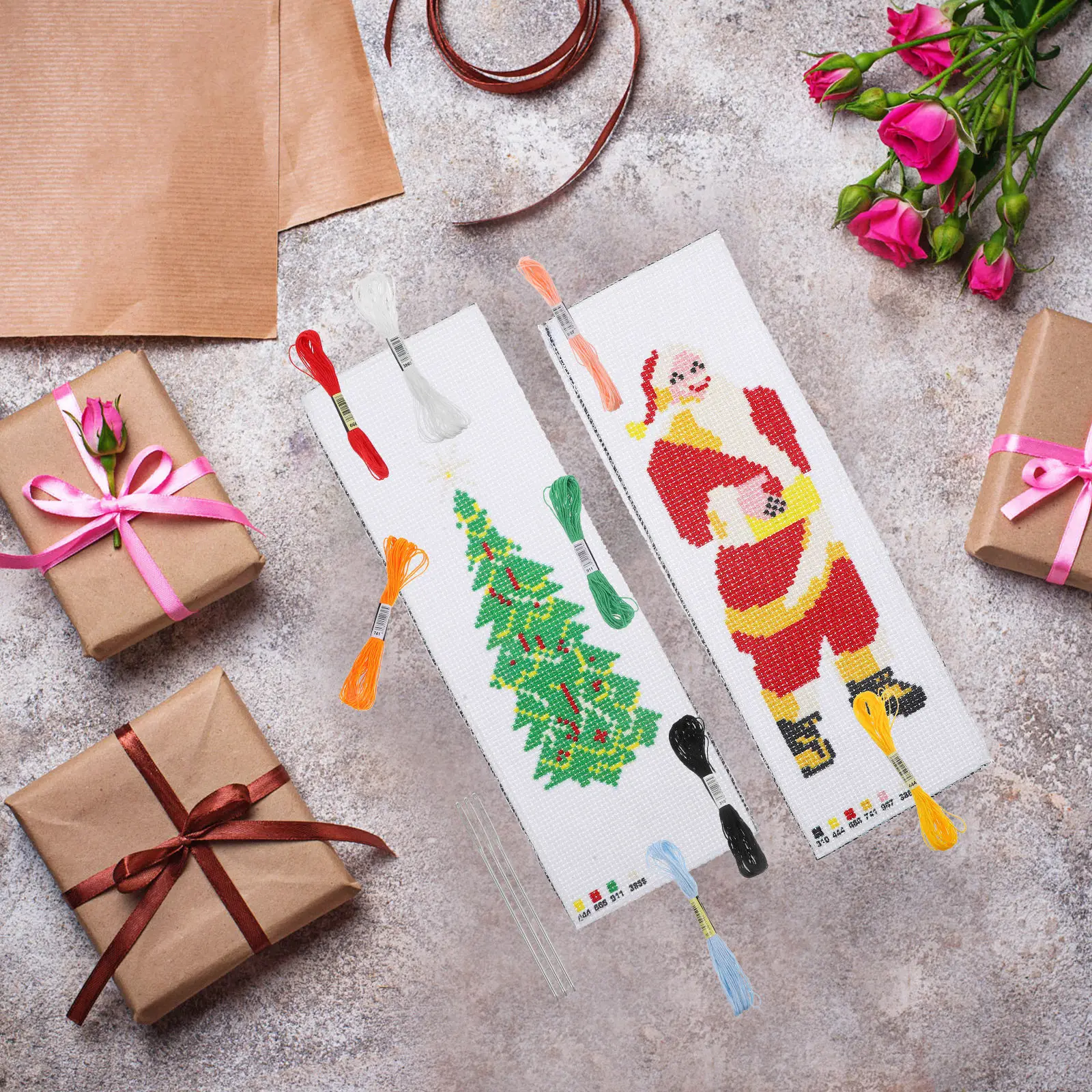 Christmas Embroidery Bookmark Kit for Beginners – DIY Cross Stitch Craft Sewing Kit, 2 Sets Creative Bookmarks