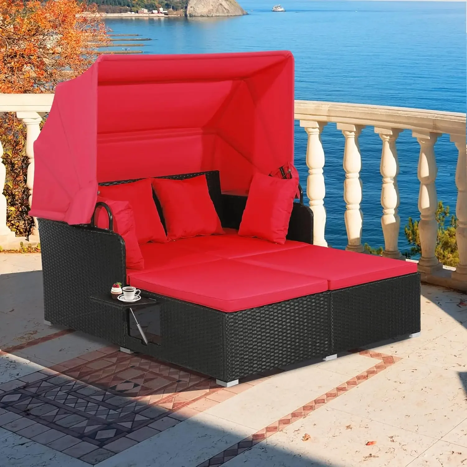 Outdoor Hand-Woven PE Wicker Daybed Patio Loveseat Sofa Set with Retractable Canopy & 2 Side Tables, Outdoor Sun Lounger image 4