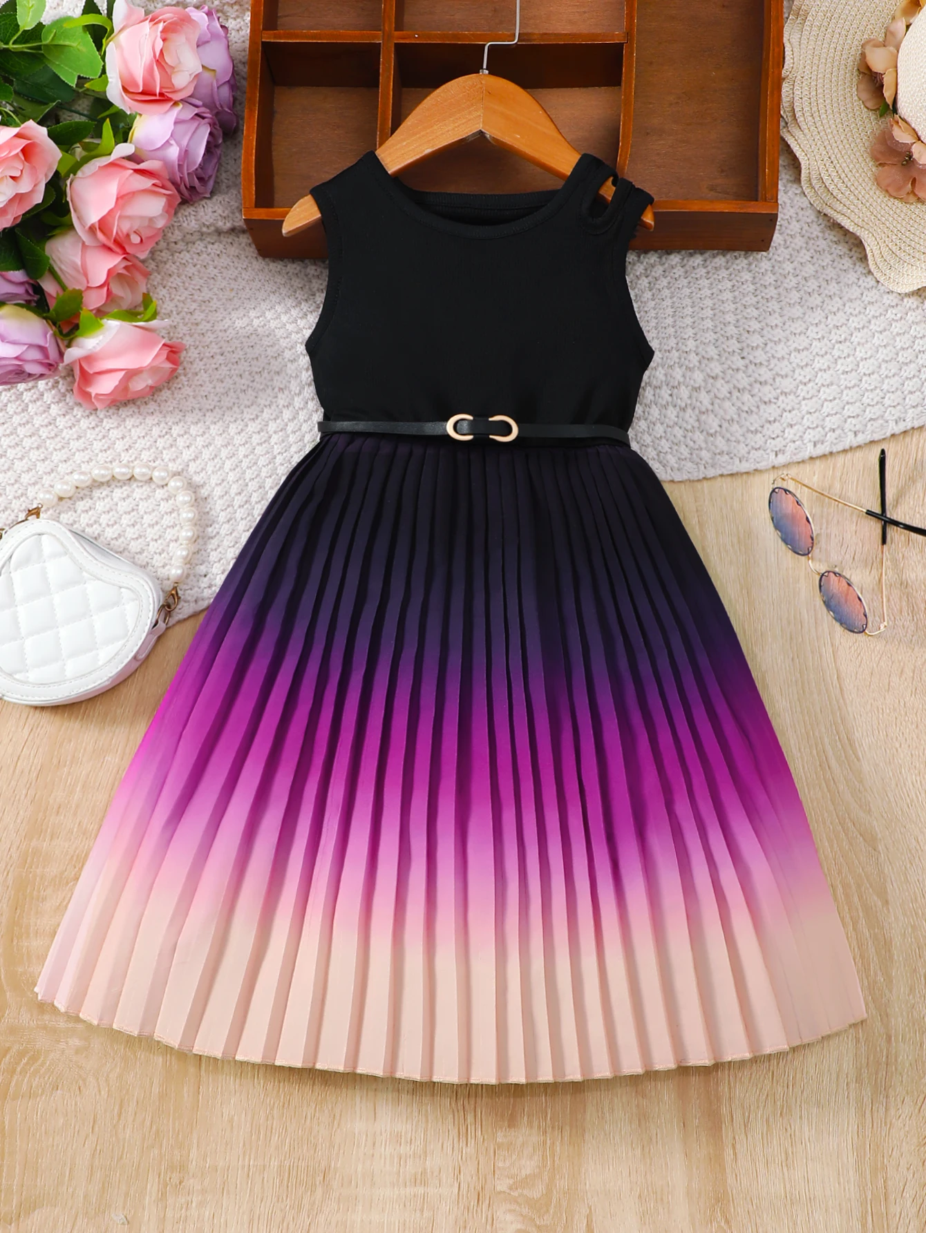 Girl's Gradient Color Blocking Pleated Hem Summer Sleeveless Belt Dress