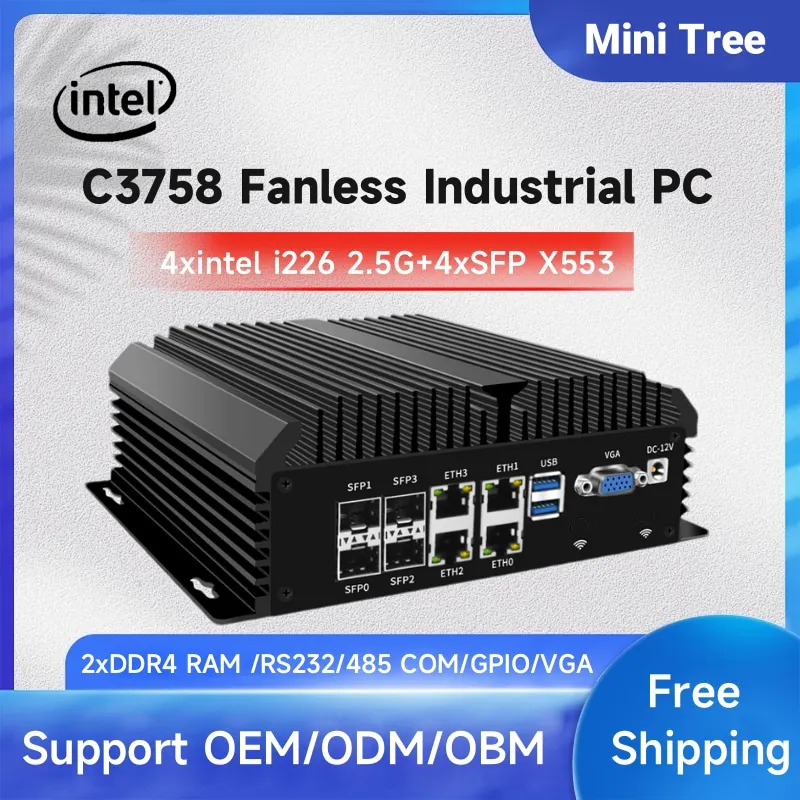 Scatola per PC industriale incorporata Intel Atom C3958 C3758 con RS485 COM GPIO 4x 10G SFP e I226x4 Lan Mini firewall senza ventola PC desktop