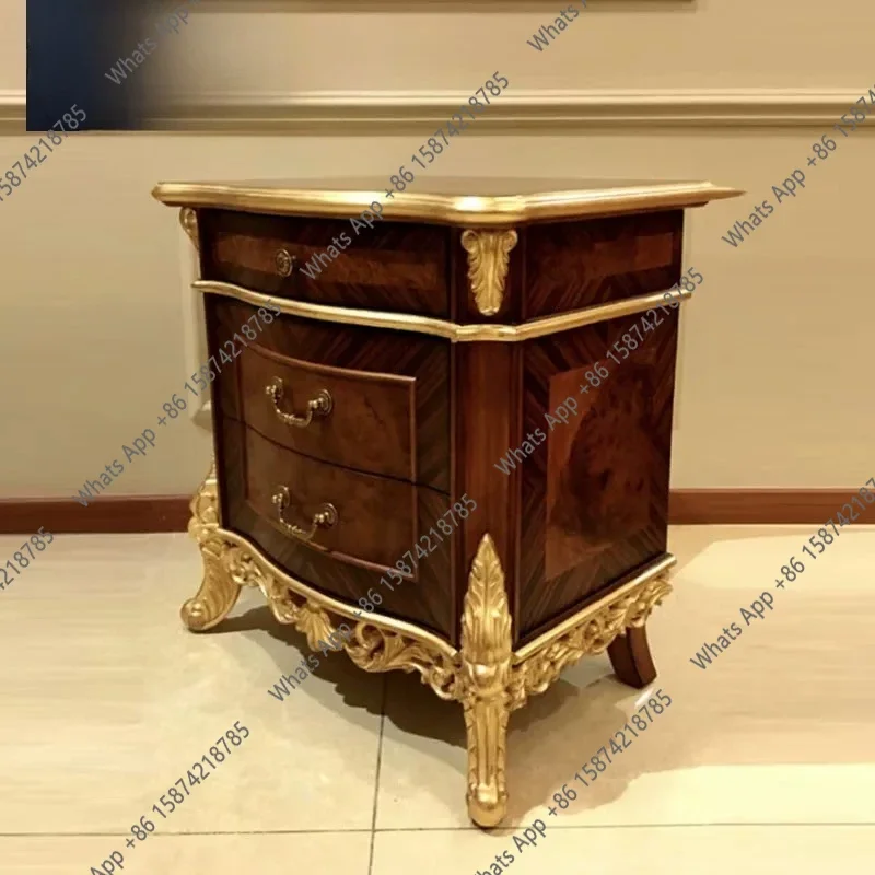 BJ English Bedside Table Mahogany Solid Wood Carving Flower Bedroom Bedside Table Three Bucket Cabinet Villa Furniture