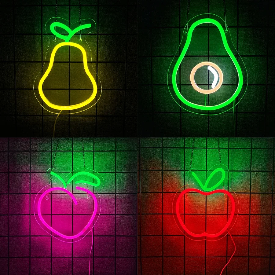 

Подходит для гостиной, фруктового магазина, десертного магазина, значка яблока и авокадо, светодиодная неоновая вывеска с фруктами, декора для окон вечеринок и магазинов.