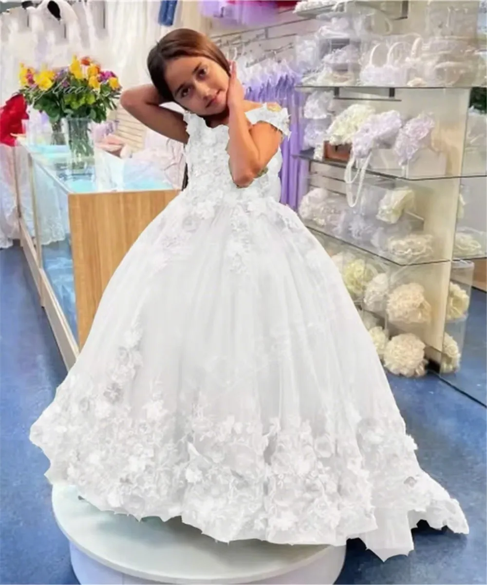 

Lovely Flower Girls Wedding Dress Appliques Floral Spaghetti Straps Kids Birthday Party Pageant First Communion Gown Customized