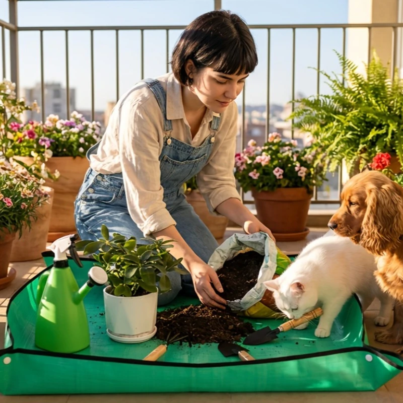 Large Plant Transplant Mat, Foldable Heavy-Duty PE Gardening Tray, Indoor/Outdoor Soil Control, Easy-to-Clean for Mixing, Green