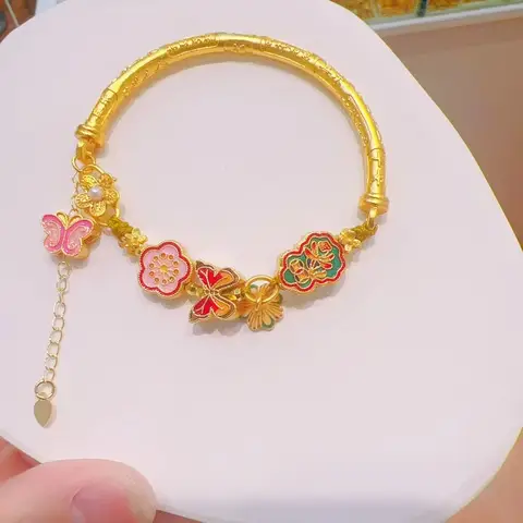 Plated With Genuine Gold Strong Color Preserving Enamel Butterfly Flower Sand Half Bracelet Monet Garden Fairy Style  Girls Gift