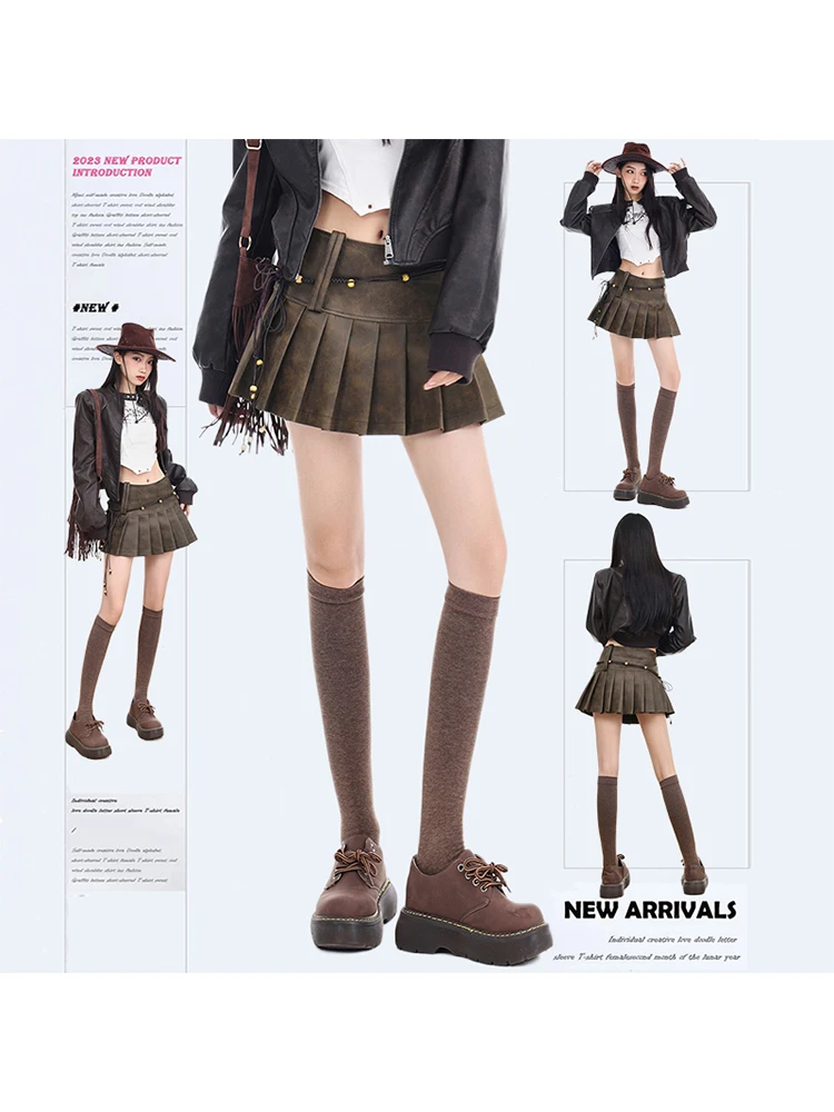 

Women's Brown Leather Skirt Harajuku Y2k 2000s Vintage Pleated Skirt 90s Aesthetic Korean A-Line Mini Skirt Trashy Clothes 2024
