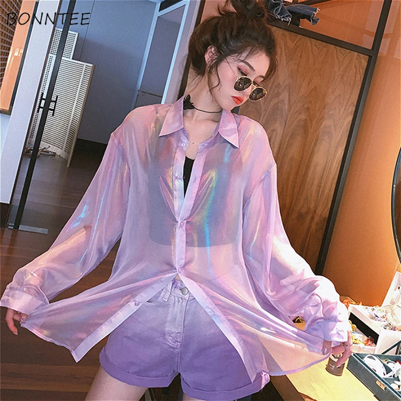 Shirts Women Chic Colorful Design Summer Trendy Sunscreen Girls Streetwear Long Sleeve Outerwear Vintage Korean Tops All-match