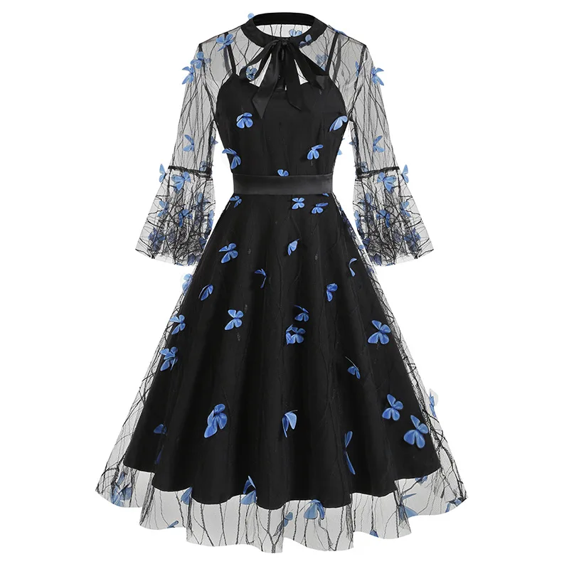 

Women Mesh Floral Embroidery Vintage Cocktail Swing Dress Illusion 50s Goth Flared A line Casual Wedding Prom Evening Dress