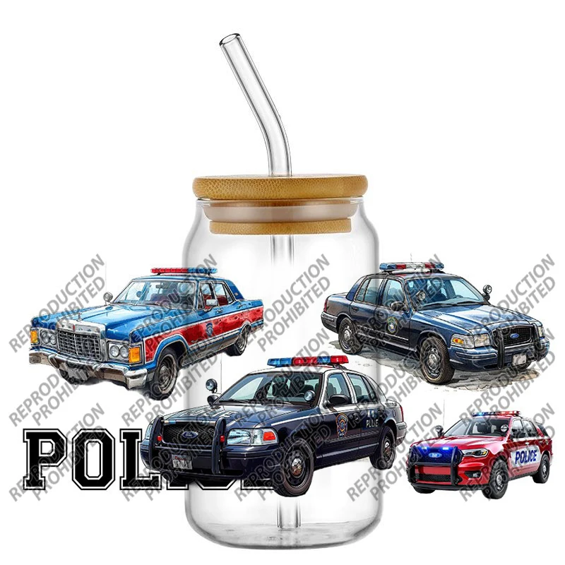 

Новый дизайн полицейского автомобиля 3D наклейка УФ DTF чашка обертывается для 16 унций водонепроницаемая УФ DTF переводная наклейка очки кружка DIY обертка наклейка