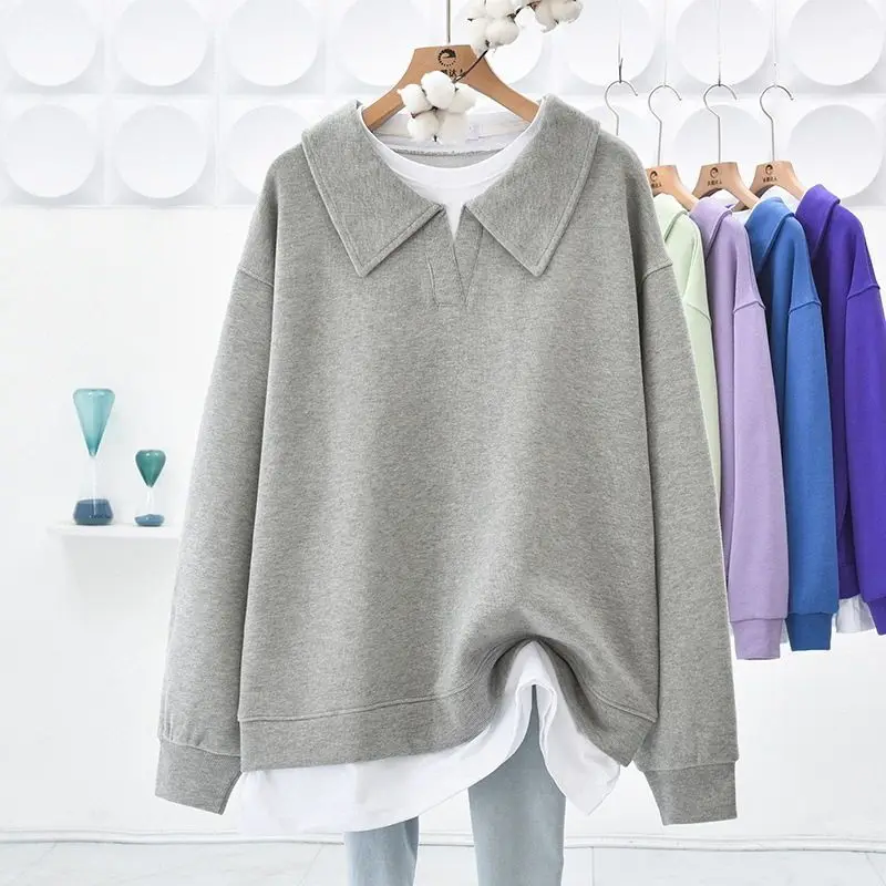 

Spring and Autumn New Loose Sweatshirt Women Polo Collar Fake Two Piece Mid length Bottom Covering Slim Sweatshirt Top for Women