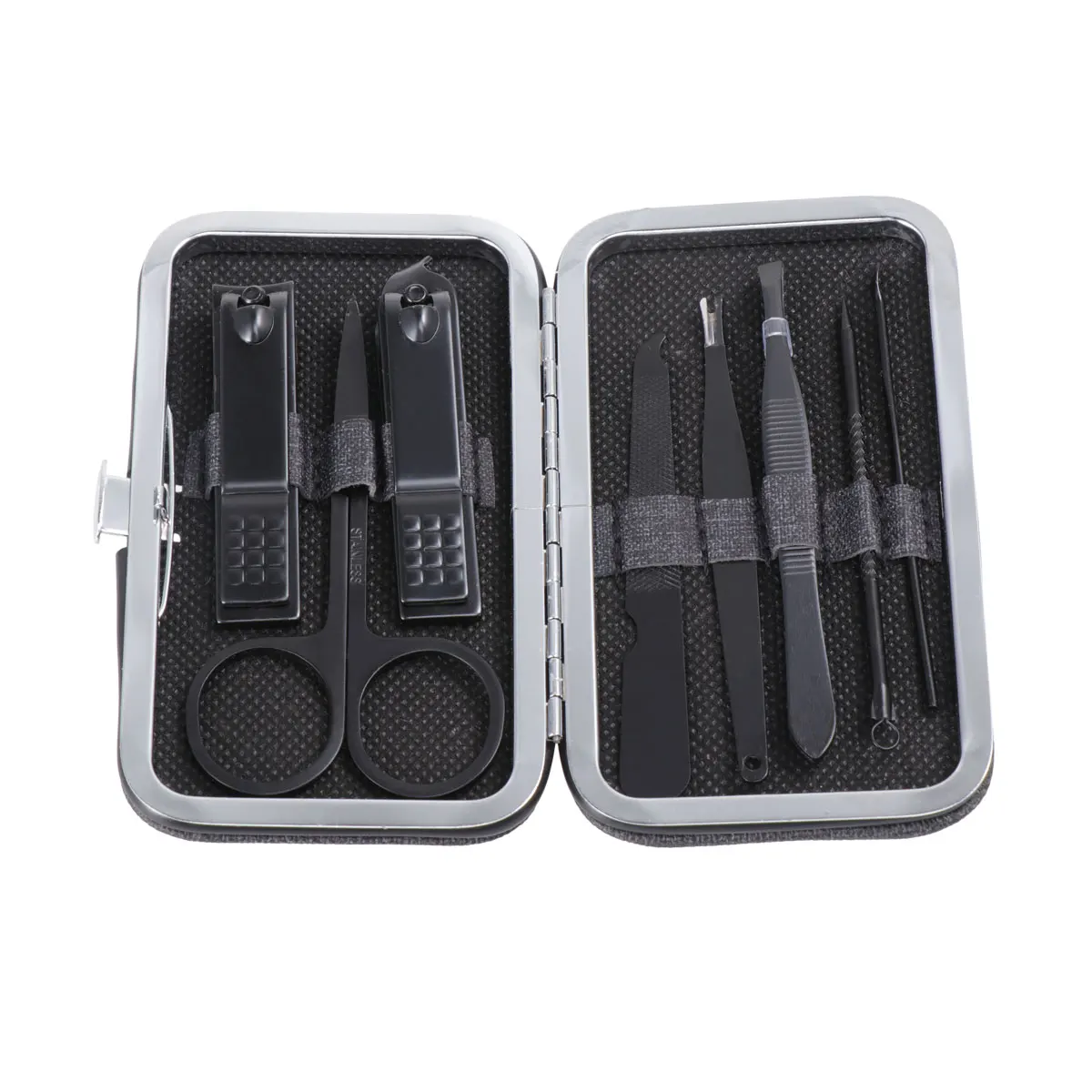 Ensemble de manucure en acier inoxydable, outils pour pédicure, toilettage, Kit de nettoyage des oreilles, outil de mise en forme des sourcils, étui Portable noir 8 pièces