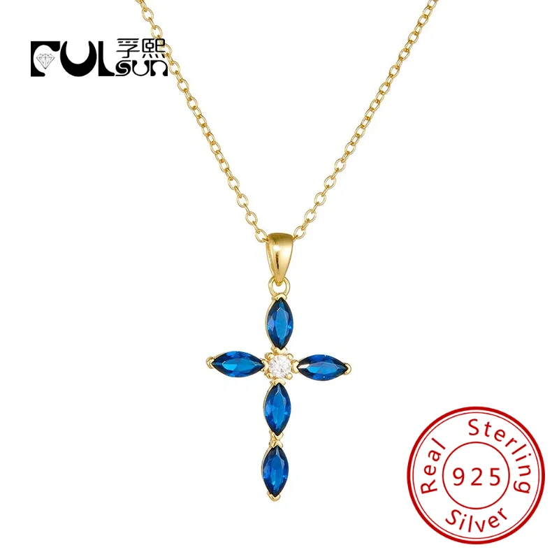 

original Marquise sapphire blue zircon Cross Pendant Clavicle Chain Necklace 925 sterling silver gold plated jewelry for Women