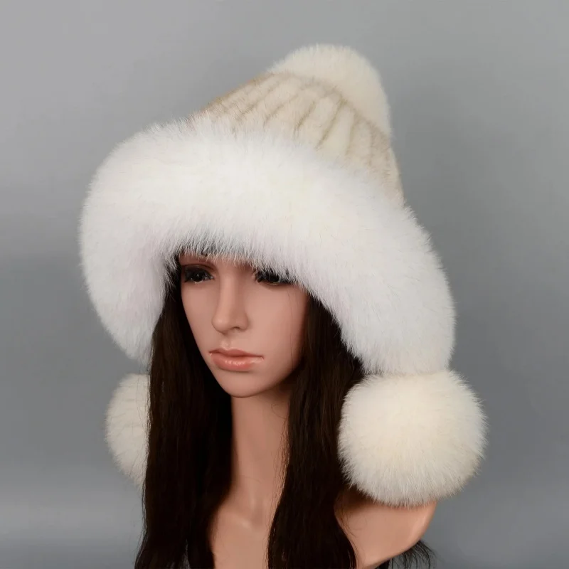 Fashion Mink Hats Real Fox Fur Ball Winter Women Hats Warm  Ear Protection Ladies Princess Hats Real Mink Fur Beanies Cap