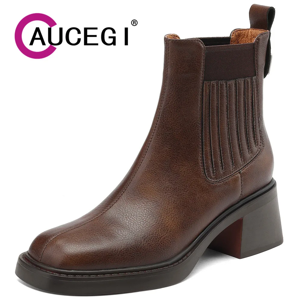 

Aucegi 2024 New Design Autumn Winter Women Ankle Boots Fashion Simple Square Toe Slip On Casual Thick High Heels Commuter Shoes