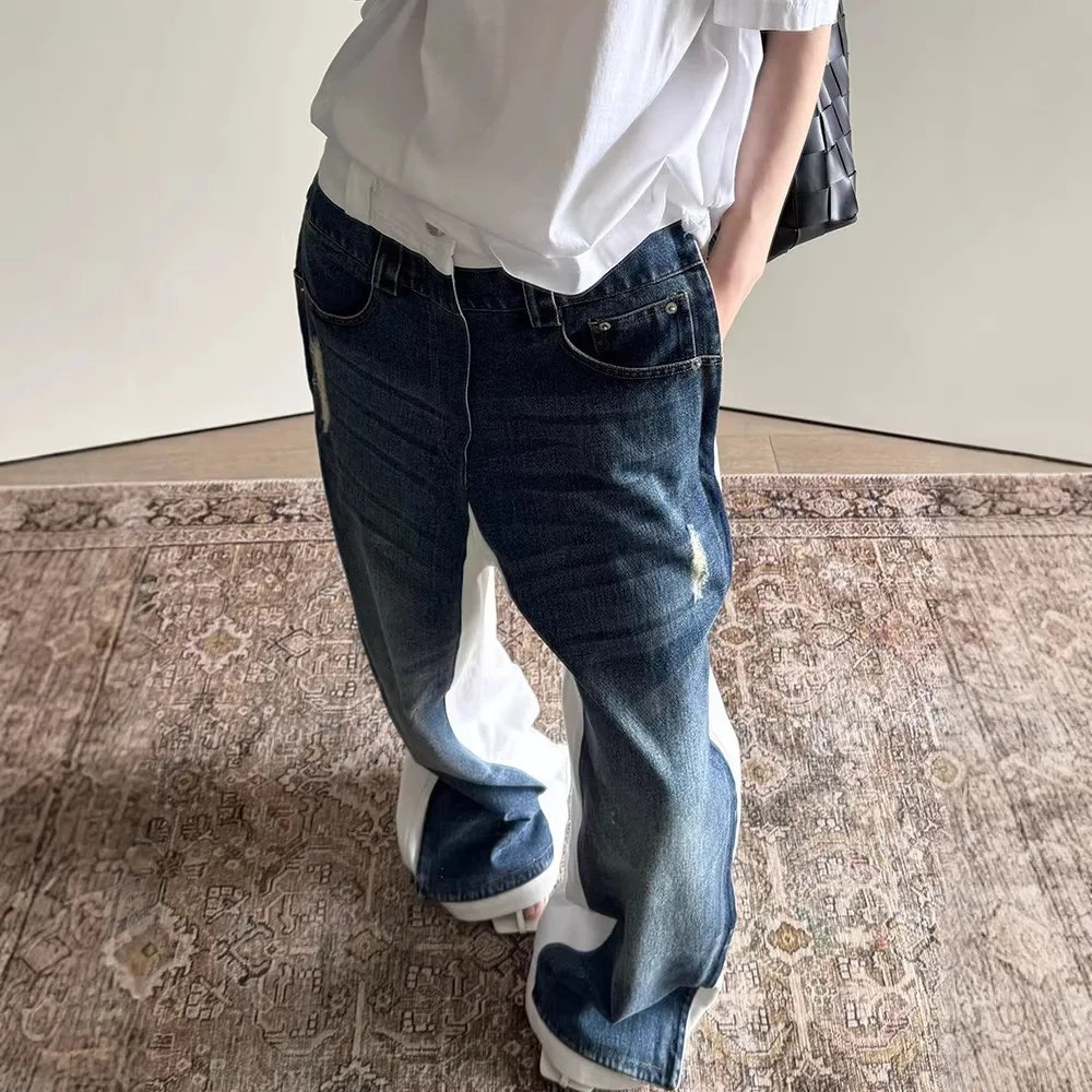 MWJLPWQ Trendy High Street Fake Two-Piece Spliced Wash Denim Pants Men's American Hip-Hop Design Curved Wide-Leg Pants 21187