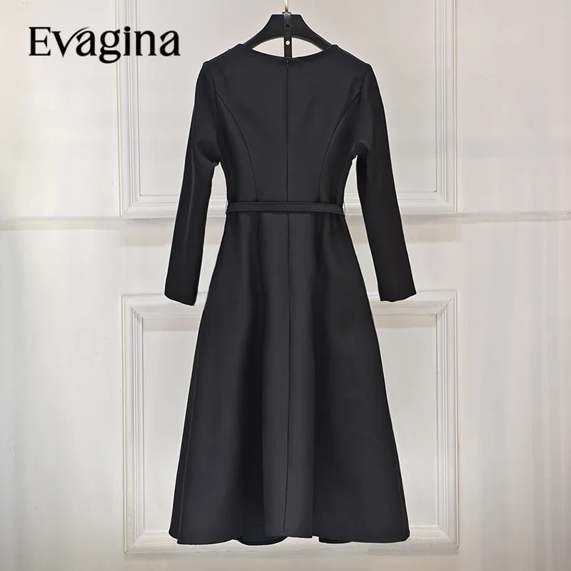 Evagina New Fashion Designer Dress Women's Embroider Pattern Round Collar Long Sleeves With Belt High Waist Midi Slim Dresses