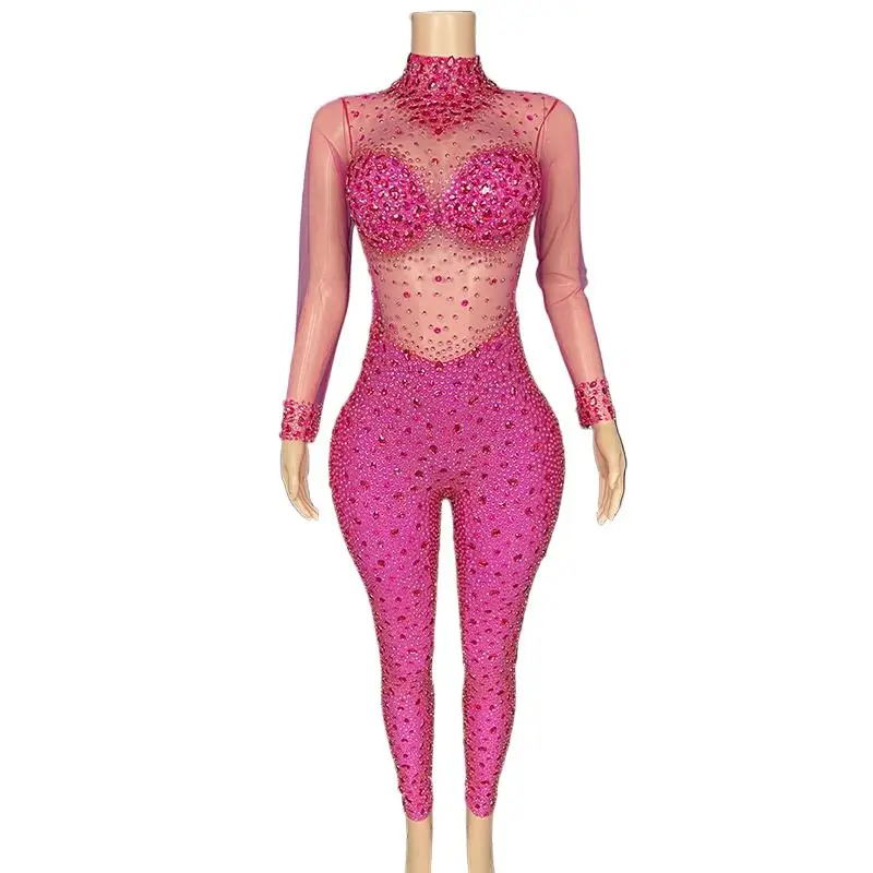 

8colors Plus Size Night Club Bodysuit Pink Rhinestone Sexy Transparent Bodysuit Long Sleeve Bodysuit Shapewear For Women