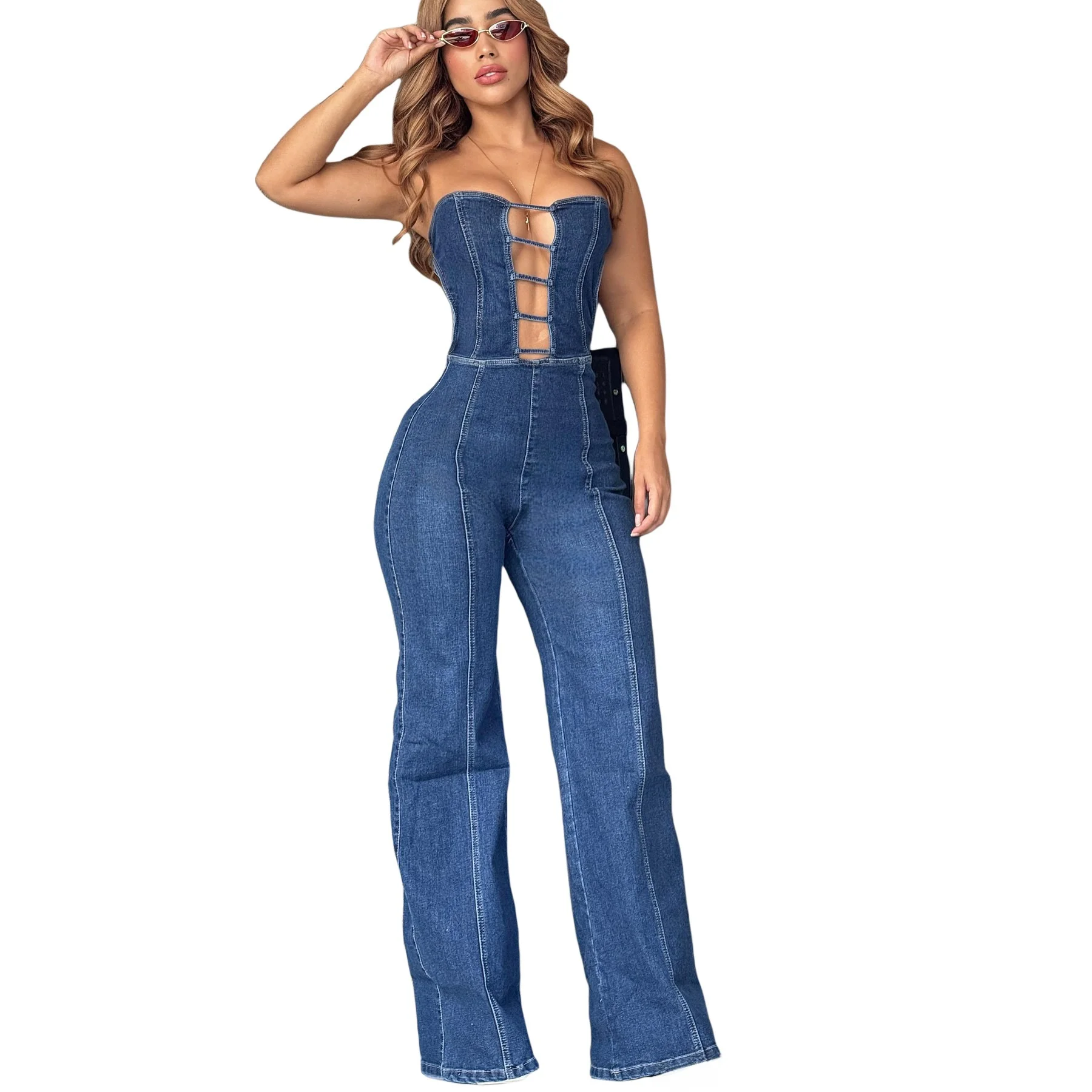 

plus Size Women's Denim Overalls Wide Leg Jumpsuits Cross-Border Long Pants Cotton Fabric Medium Waist Summer 2025