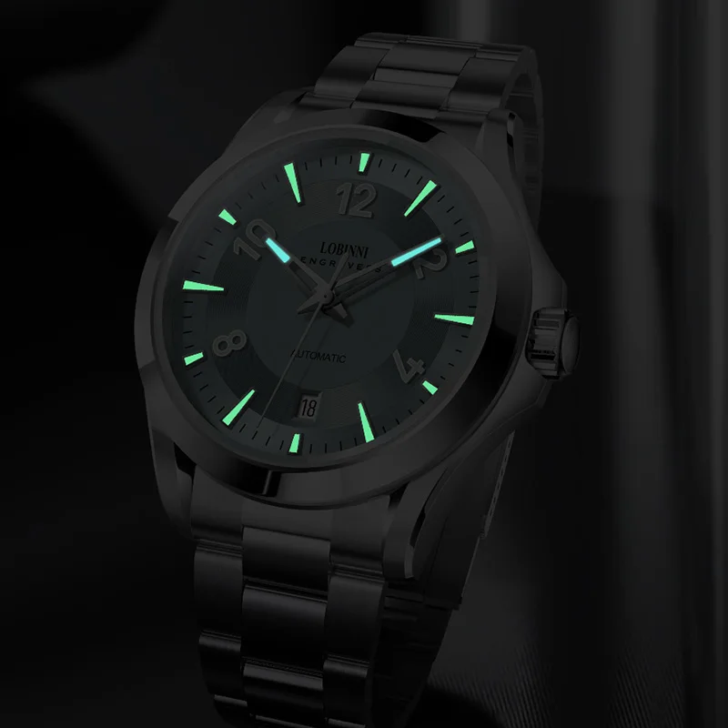 LOBINNI cinturino in acciaio inossidabile da uomo 41,5 mm designer di lusso puntatore luminoso maschile MIYOTA 8215 movimento orologi da polso automatici