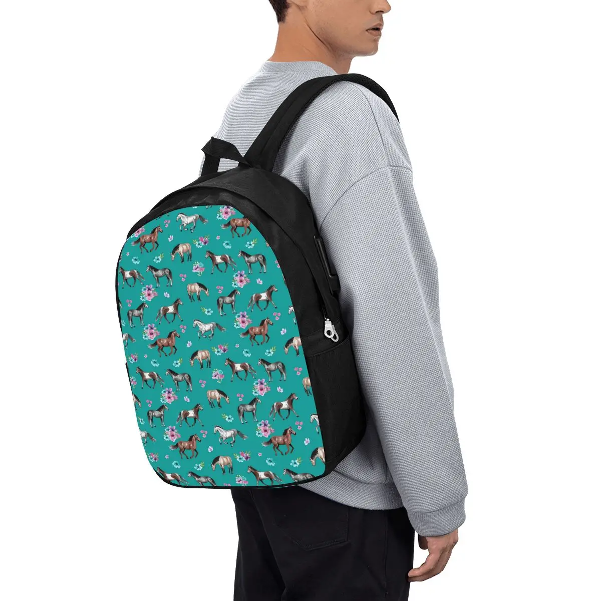 Horses And Flowers In Green Background Backpack Travel Notebook Bag Computer College Student School Bag Laptop Shoulder Bags