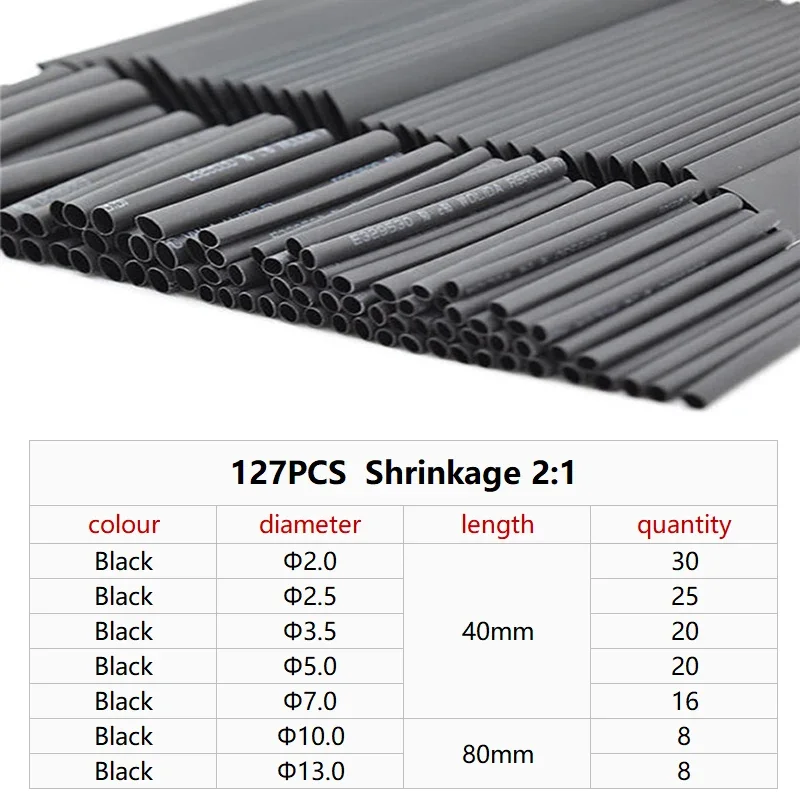 127Pcs Insulation Sleeving Thermal Casing Car Electrical Cable Tube Kits  2:1 Heat Shrink Tube Tubing Wrap Sleeve Assorted
