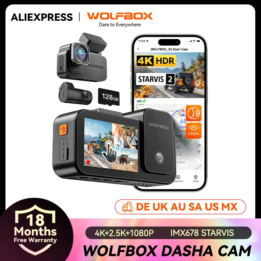 WOLFBOX X5 3 Channel 4K Dash Cam STARVIS 2 IMX678 4K+2.5K Front and Rear Inside Triple Car Camera 5.8GHz WiFi Mirror Car DVR