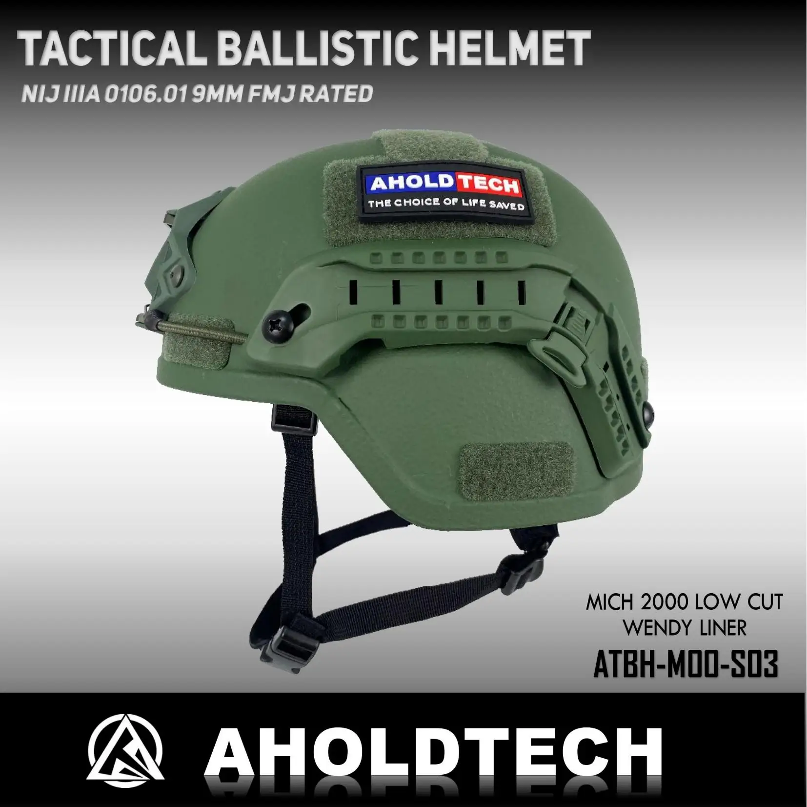 Aholdtech Bulletproof Helmet MICH 2000 Tactical 9mm FMJ PE ISO NIJ IIIA 3A CAM FIT BOA Dial EPIC Liner Low Cut Ballistic Helmet