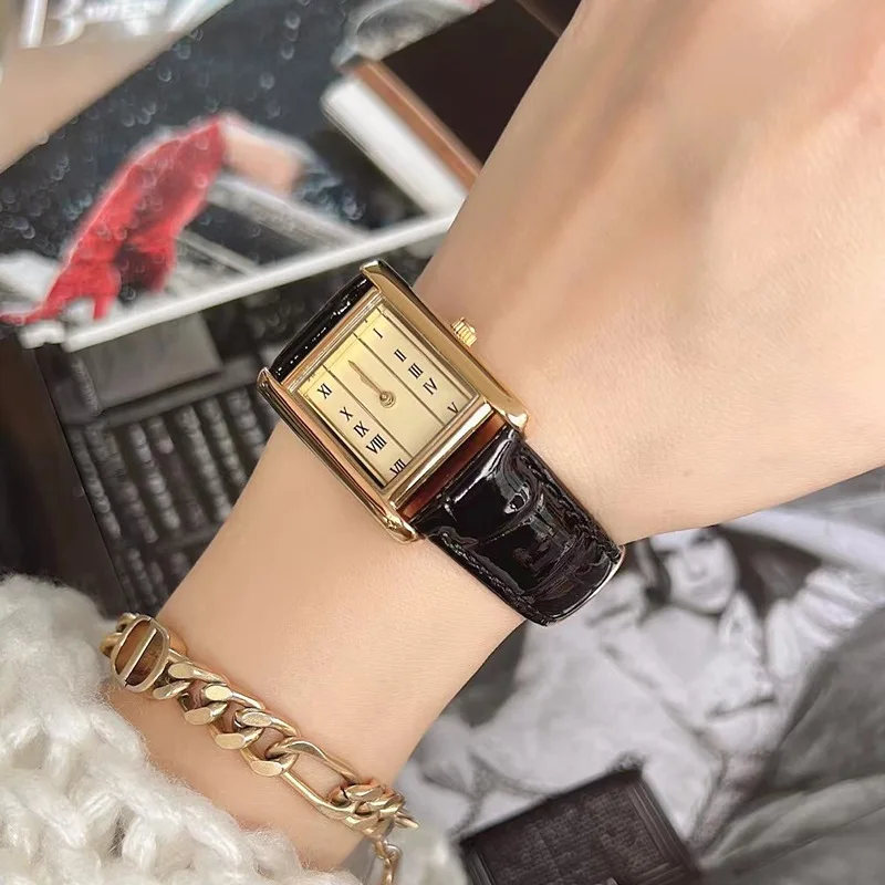 Elegant Cow Leather Band Womens Square Watch Golden Dial Plate Watch