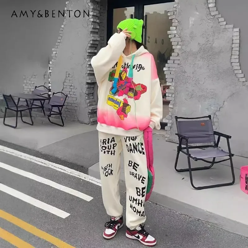 

2024 Autumn And Winter New Hoodies Sweatpants 2-piece Sets Women's Clothing Long-sleeved Top Fluorescent Green Trousers Outfits