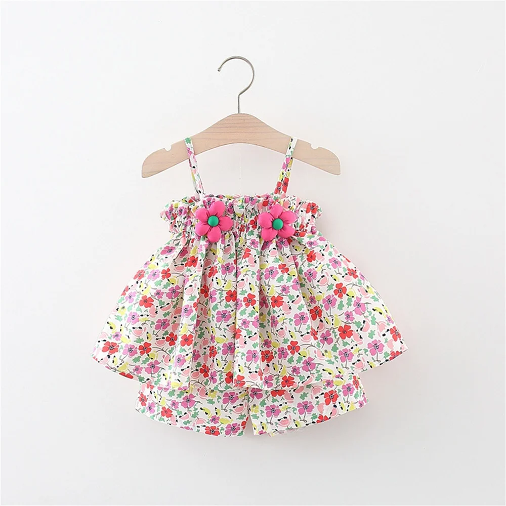 

Korean Style Summer Children Set Baby Girls Floral Halter Top+Shorts Two-Piece Suit For Vacation Daily Casual Wear 0-2 Years Old