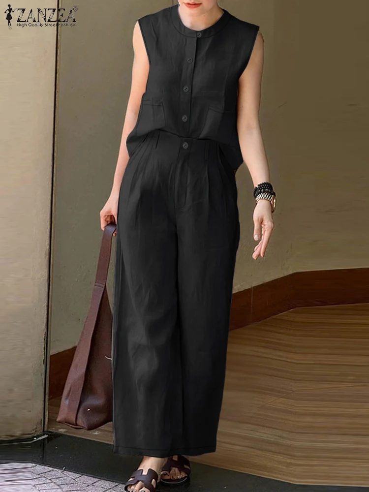 ZANZEA moda mujer conjuntos de dos piezas trajes conjuntos de pantalones de verano sin mangas botón blusa pantalones traje 2025 elegante chándal de trabajo