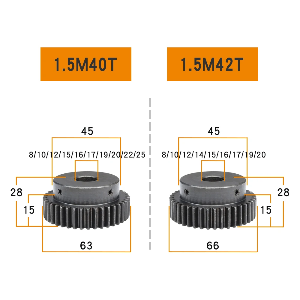 Gear Wheel 1.5 M-40/42T Bore 8/10/12/15/16/17/19/20/22/25 mm Motor Gear SC45#Carbon Steel Blackening High Frequency Quenching