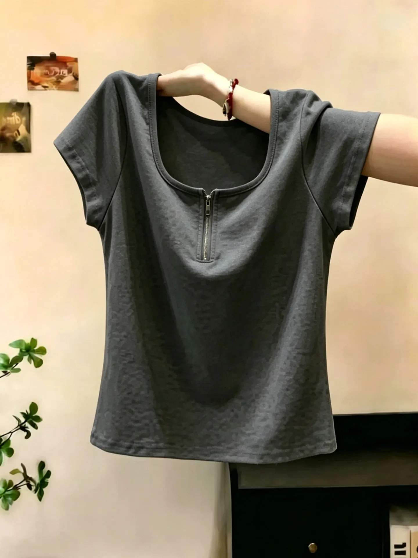 Summer Casual Style Women's T-shirt Square Collar Half Zipper Short Sleeve Deep Grey High-End Feeling Top Trendy Large Size