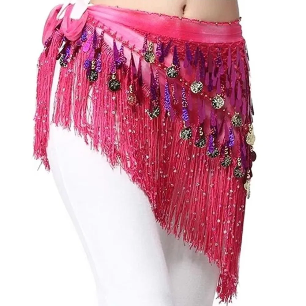 Glitter Sequins Belly Dance Waist Chain Long Tassel Triangle Belly Dance Hip Scarf Hollow Colorful Bellydance Coins Belt