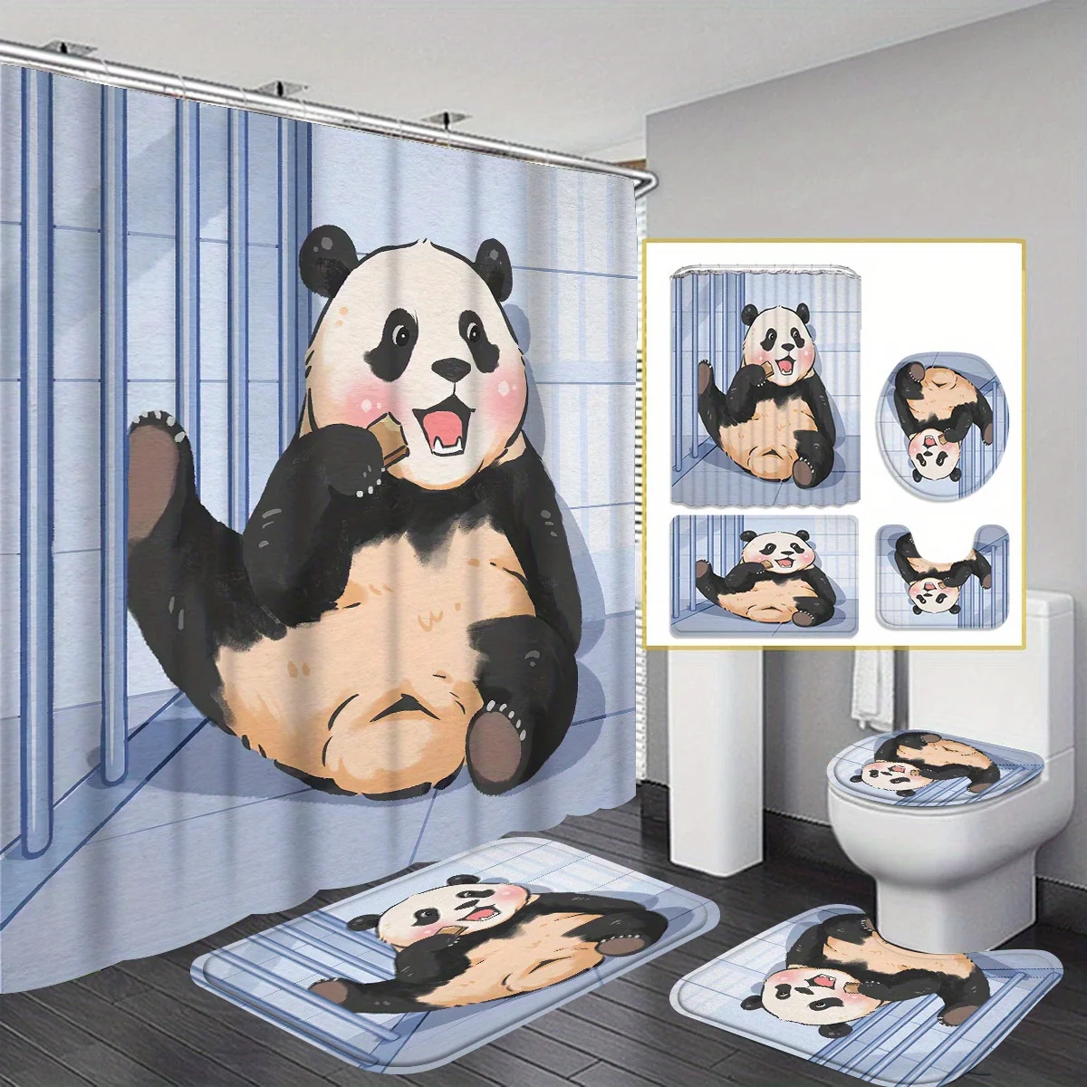 

Panda 4pcs shower curtain set with 12 hooks - shower curtain, non-slip bath mat, toilet seat cover and U-shaped rug - machi