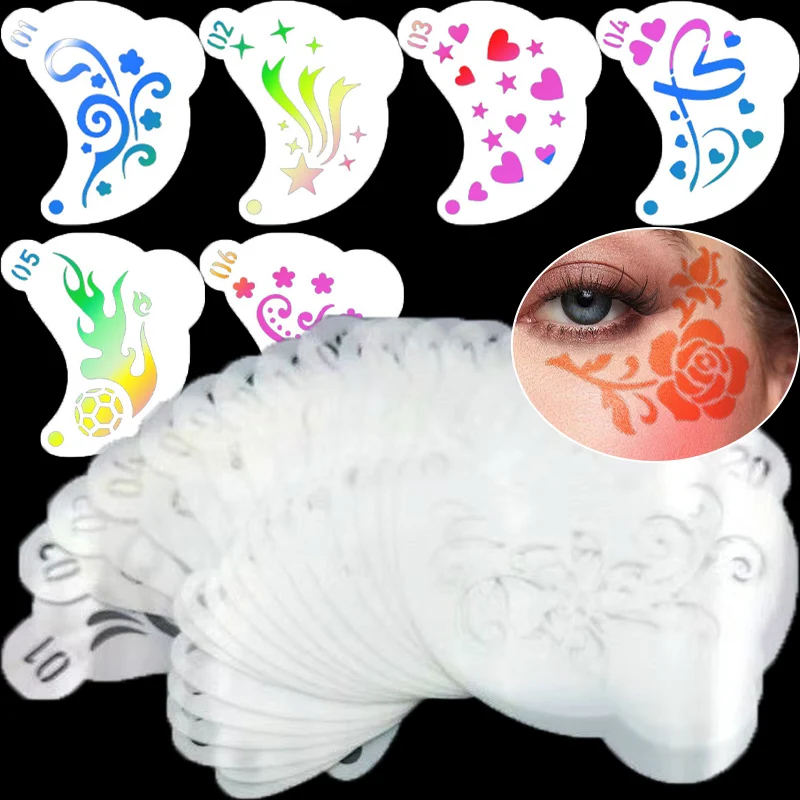 16pcs Facial Painting Template Makeup Reusable Cartoon Flower Heart Spiderweb Face Tattoo Stencils Girls Women Plastic Body Arts
