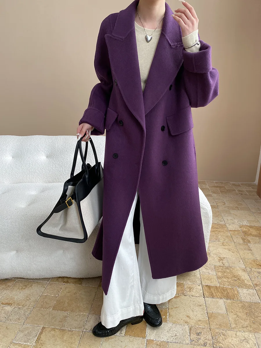 

Women's casual solid color commuting suit collar design, double breasted wool double-sided woolen coat