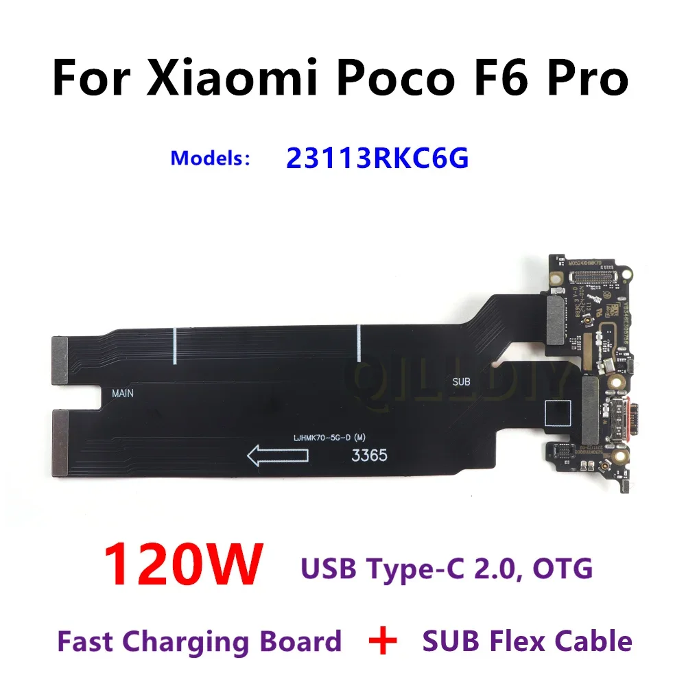 Puerto de carga rápida USB para Xiaomi Poco F6 Pro, placa base, lector SIM, ranura para tarjeta, placa base principal, piezas de reparación de Cable SUB Flex